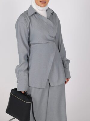 Gray Wrap Top & Draped Pants Set