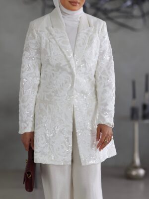 Sequin Floral White Blazer Pants Set